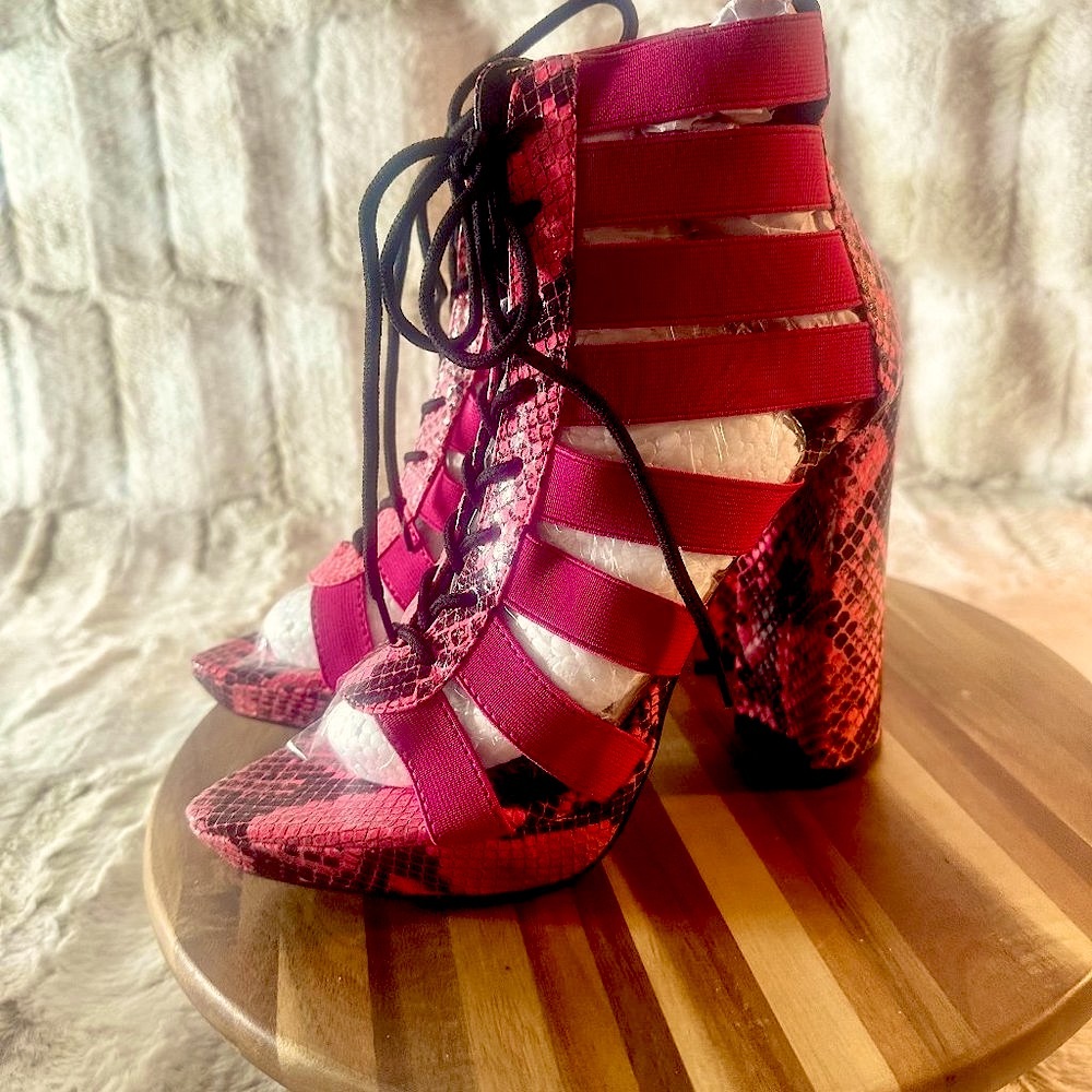 Cape Robbin Pink Open Toe Snake Print 5" Chunky Heel